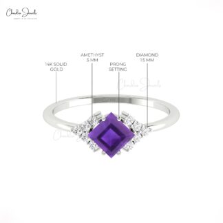 Dainty Half Halo Promise Ring In Pure 14k Gold Amethyst 5mm Square And Diamond Rings