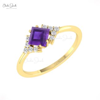 Dainty Half Halo Promise Ring In Pure 14k Gold Amethyst 5mm Square And Diamond Rings