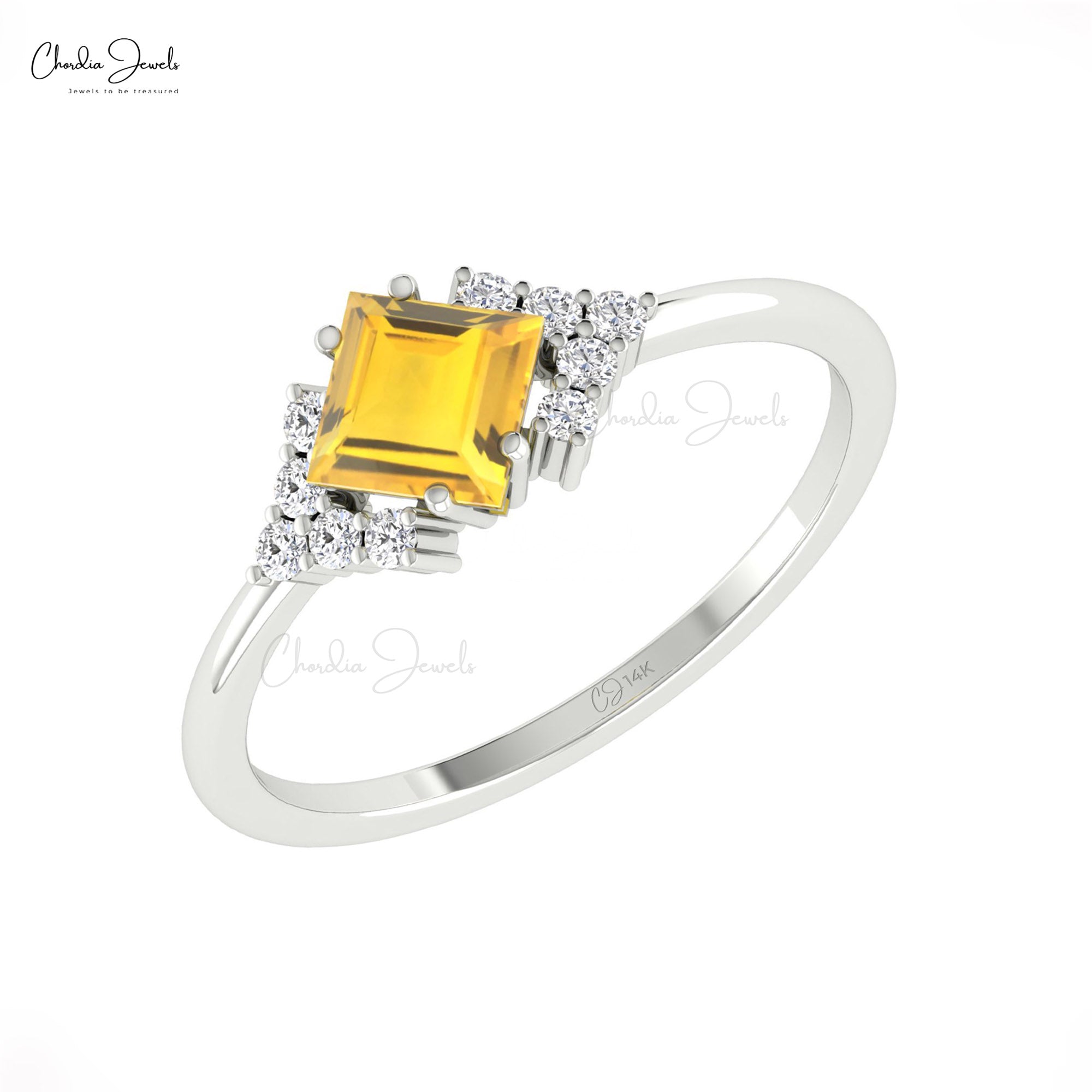 Square Cut Promise Ring In Real 14k Gold Citrine 5mm Gemstone And Diamond Half Halo Rings