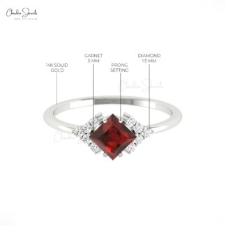 Real 14k Gold Half Halo Ring With 0.6 Ct Red Garnet G-H Diamond January Birthstone Rings