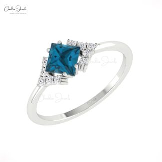Dual Birthstone Half Halo Ring With 0.6 London Blue Topaz Pave Diamond Ring In 14k Gold
