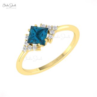 Dual Birthstone Half Halo Ring With 0.6 London Blue Topaz Pave Diamond Ring In 14k Gold