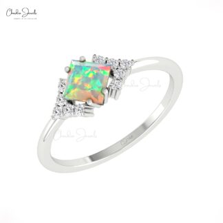 Diamond Half Halo Ring With 0.6 Ct Fire Opal Gemstone 14k Pure Gold Engagement Rings