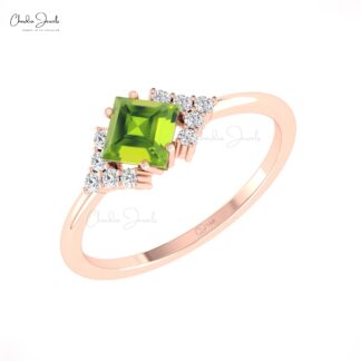 Square Half Halo Engagement Ring With 5mm Peridot And Pave Diamond 14k Gold Promise Rings