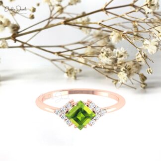 Square Half Halo Engagement Ring With 5mm Peridot And Pave Diamond 14k Gold Promise Rings