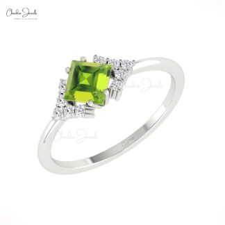 Square Half Halo Engagement Ring With 5mm Peridot And Pave Diamond 14k Gold Promise Rings