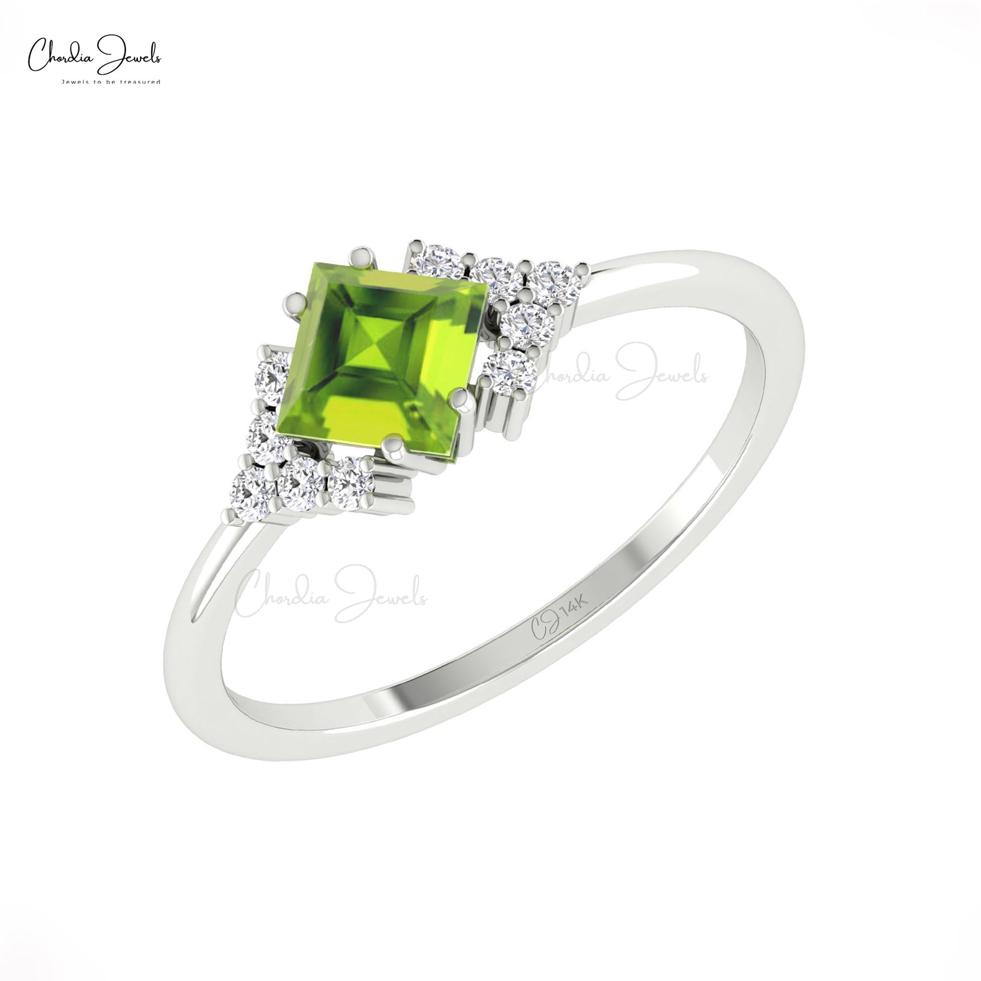 Square Half Halo Engagement Ring With 5mm Peridot And Pave Diamond 14k Gold Promise Rings
