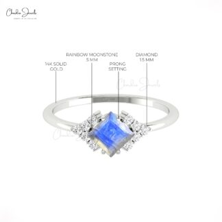 Authentic Moonstone Half Halo Ring In Solid Gold G-H Diamond Proposal Minimal Jewelry