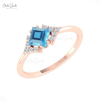 AAA Swiss Blue Topaz Half Halo Ring In Solid 14k Gold Gemstone Diamond Fine Jewelry