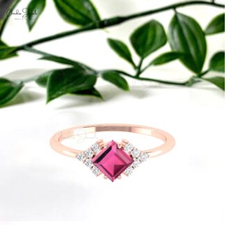 Gemstone Half Halo Ring In Solid 14k Gold Pink Tourmaline G-H Diamond Hallmark Rings
