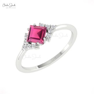 Gemstone Half Halo Ring In Solid 14k Gold Pink Tourmaline G-H Diamond Hallmark Rings
