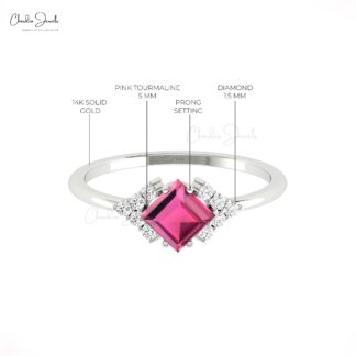 Gemstone Half Halo Ring In Solid 14k Gold Pink Tourmaline G-H Diamond Hallmark Rings