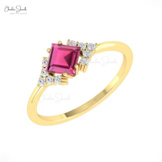 Gemstone Half Halo Ring In Solid 14k Gold Pink Tourmaline G-H Diamond Hallmark Rings