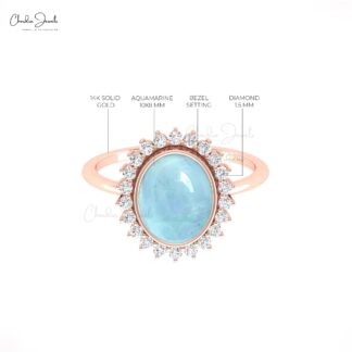 Bezel Set Halo Promise Ring With 10x8mm Aquamarine And Diamond 14k Real Gold Women Ring