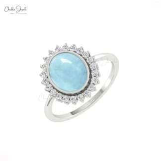 Bezel Set Halo Promise Ring With 10x8mm Aquamarine And Diamond 14k Real Gold Women Ring
