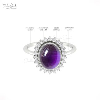 Solid 14k Gold Halo Ring With 10x8mm Oval Amethyst And Diamond Statement Wedding Rings
