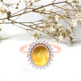 Delicate Citrine Statement Ring With Halo Diamond 14k Real Gold Handmade Rings For Her