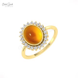 Delicate Citrine Statement Ring With Halo Diamond 14k Real Gold Handmade Rings For Her