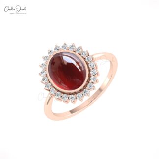 Natural Red Garnet Halo Ring In Pure 14k Gold G-H Diamond Hallmarked Jewelry For Women