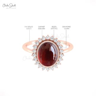 Natural Red Garnet Halo Ring In Pure 14k Gold G-H Diamond Hallmarked Jewelry For Women