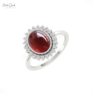 Natural Red Garnet Halo Ring In Pure 14k Gold G-H Diamond Hallmarked Jewelry For Women