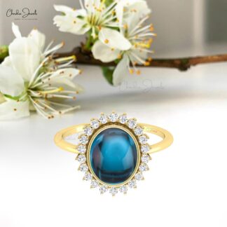 Diamond Halo Wedding Ring In 14k Solid Gold London Blue Topaz Bezel Set Hallmark Ring