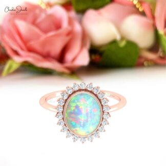 Halo Oval Statement Ring In 14k Solid Gold Fire Opal And G-H Diamond Anniversary Ring