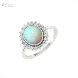 Halo Oval Statement Ring In 14k Solid Gold Fire Opal And G-H Diamond Anniversary Ring