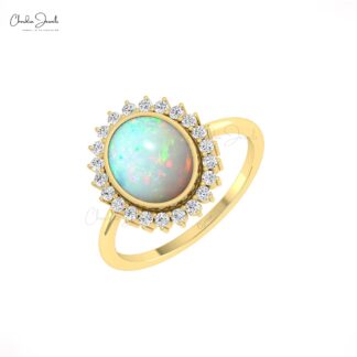 Halo Oval Statement Ring In 14k Solid Gold Fire Opal And G-H Diamond Anniversary Ring
