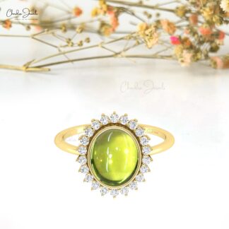 Real 14k Gold Statement Ring With 10x8mm Peridot Gemstone And Diamond Halo Rings