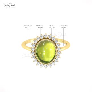 Real 14k Gold Statement Ring With 10x8mm Peridot Gemstone And Diamond Halo Rings