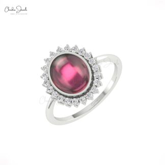 AAA Rhodolite Garnet Statement Ring In 14k Pure Gold Halo Diamond Promise Rings For Her