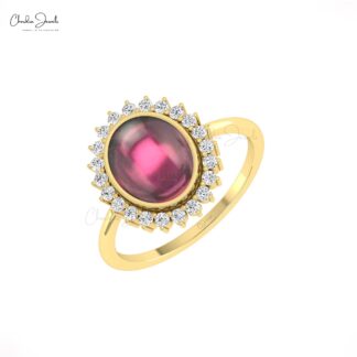 AAA Rhodolite Garnet Statement Ring In 14k Pure Gold Halo Diamond Promise Rings For Her