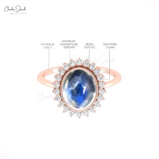 Pure 14k Gold Halo Diamond Ring With 10x8mm Rainbow Moonstone Engagement Rings For Her