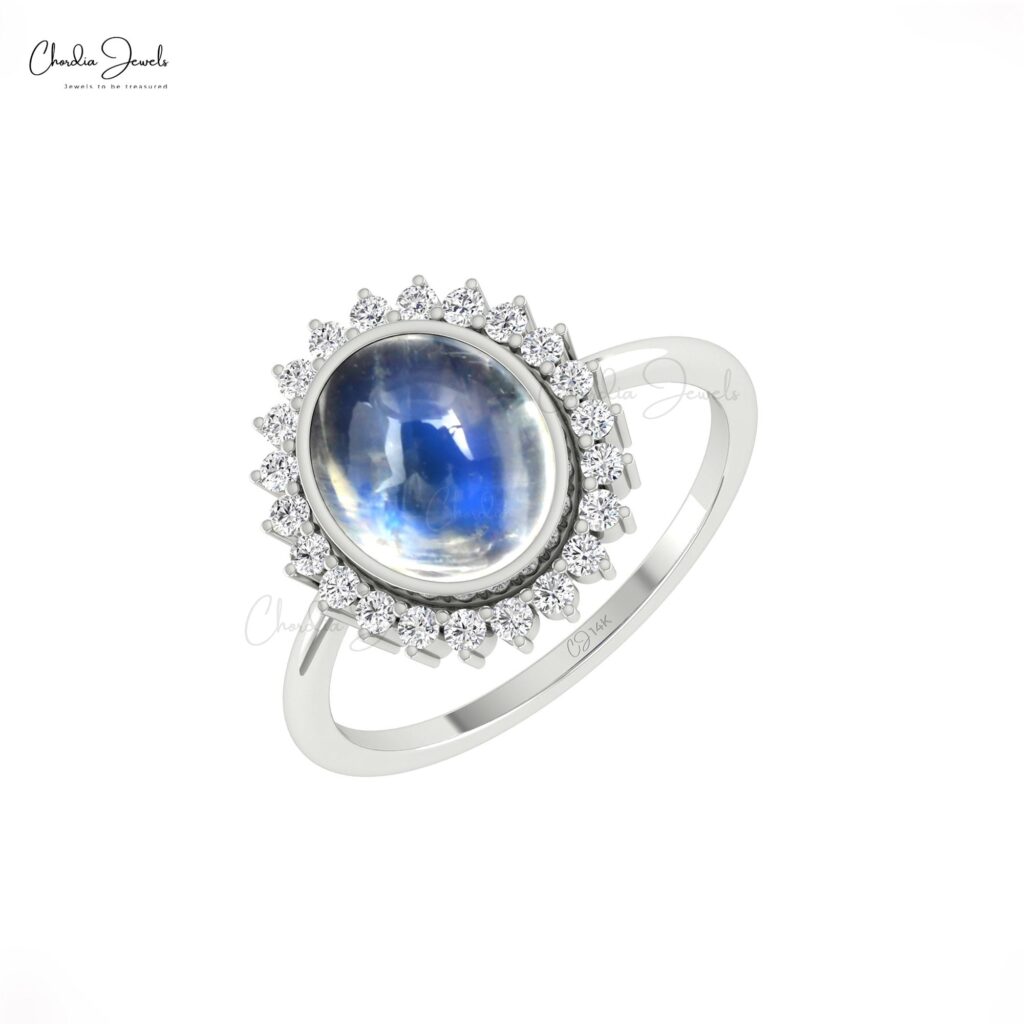 Pure 14k Gold Halo Diamond Ring With 10x8mm Rainbow Moonstone Engagement Rings For Her