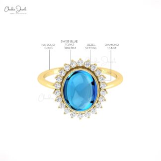 Halo Diamond Bridal Ring With 10x8mm Swiss Blue Topaz Bezel Set In 14k Real Gold Rings