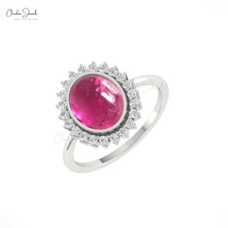 Oval Pink Tourmaline Statement Ring In 14k Pure Gold Halo Diamond Engagement Fine Rings