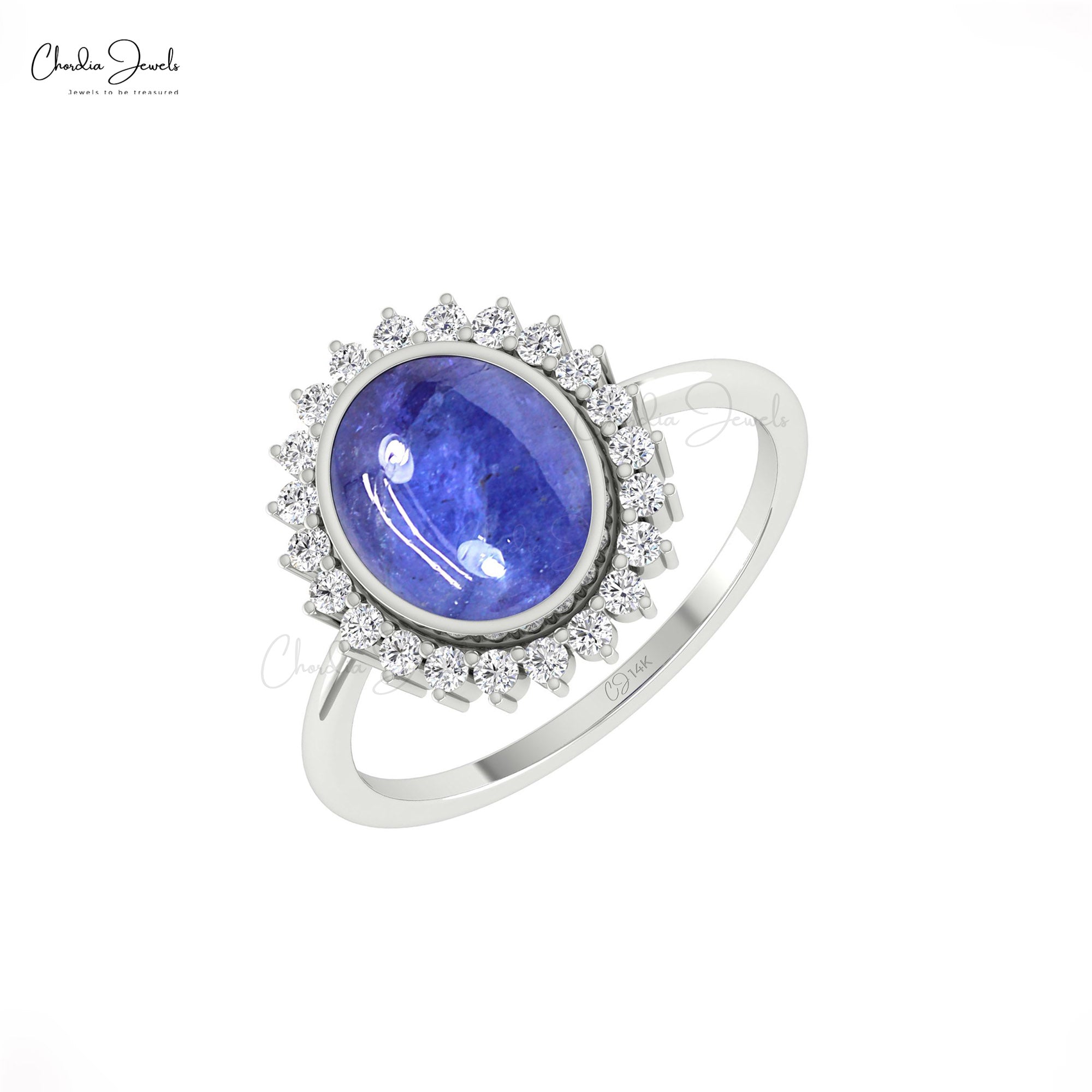 Statement Halo Diamond Ring With 10x8mm Tanzanite Bezel Set In 14k Real Gold Bridal Rings