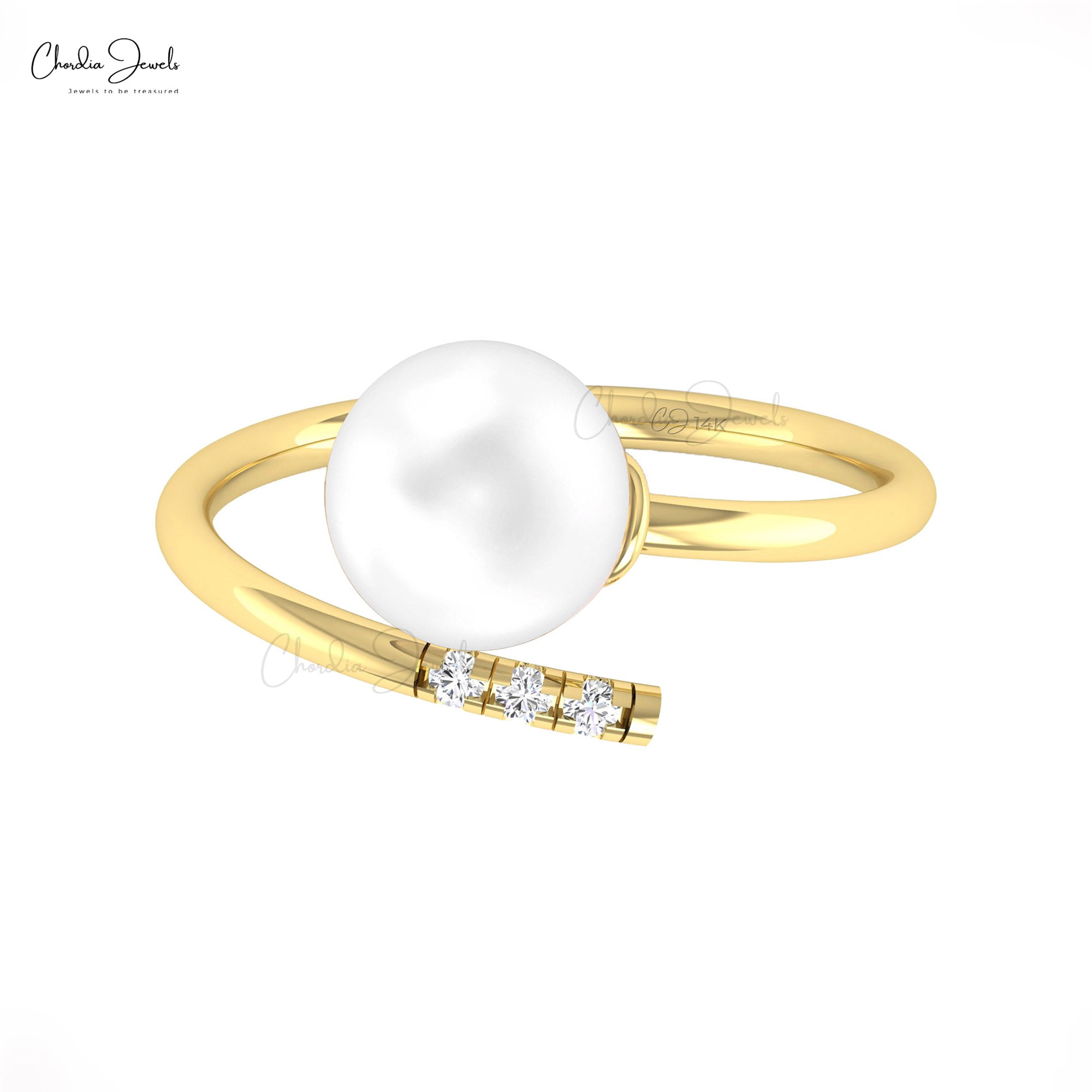 Open Cuff Proposal Ring With 8mm Sphere Pearl And Diamond Pave In 14k Yellow Gold Rings