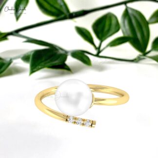 Open Cuff Proposal Ring With 8mm Sphere Pearl And Diamond Pave In 14k Yellow Gold Rings