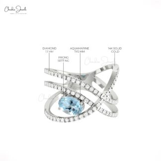 Oval Crossover Bridal Ring In Solid 14k Gold Aquamarine And G-H Diamond Unique Rings