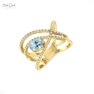Oval Crossover Bridal Ring In Solid 14k Gold Aquamarine And G-H Diamond Unique Rings