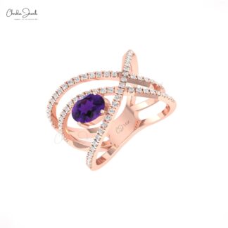 Infinity Bypass Gemstone Ring With 0.72 Ct Amethyst Diamond Pave In 14k Real Gold Rings