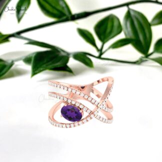 Infinity Bypass Gemstone Ring With 0.72 Ct Amethyst Diamond Pave In 14k Real Gold Rings