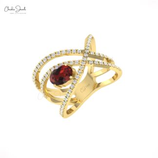 Dainty Diamond Crossover Ring In 14k Solid Gold Red Garnet 7x5mm Oval Anniversary Ring