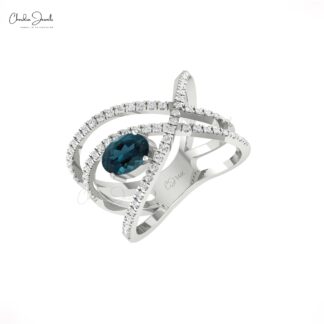 Delicate Crossover Ring In Pure 14k Gold London Blue Topaz And G-H Diamond Infinity Rings