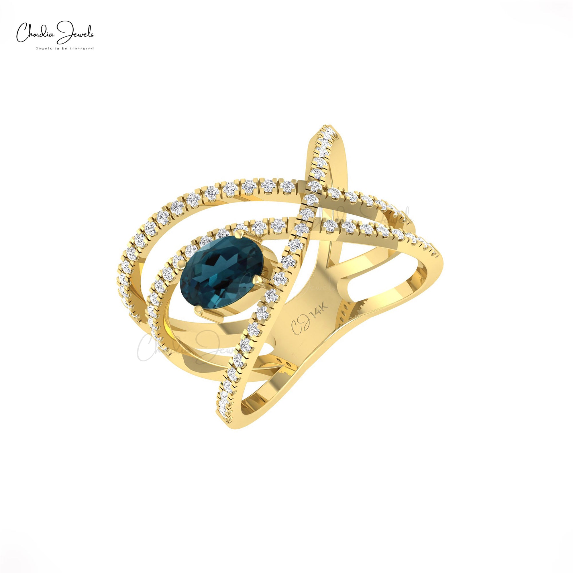 Delicate Crossover Ring In Pure 14k Gold London Blue Topaz And G-H Diamond Infinity Rings
