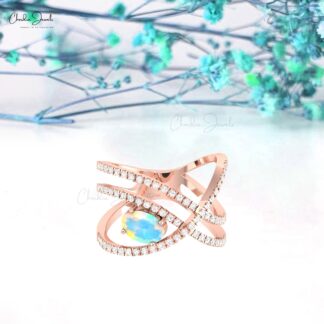 Dual Birthstone Crossover Ring In Solid 14k Gold Fire Opal And Diamond Handmade Ring