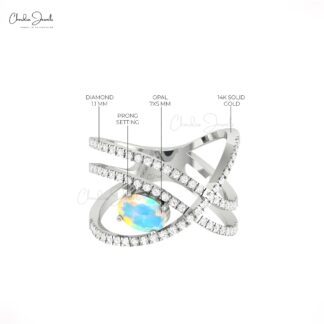 Dual Birthstone Crossover Ring In Solid 14k Gold Fire Opal And Diamond Handmade Ring