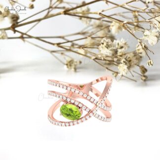 Statement Diamond Ring With 7x5mm Peridot August Birthstone 14k Real Gold Infinity Rings